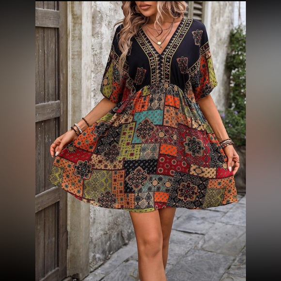 Boho patchwork print tie back dress - Picture 5 of 6